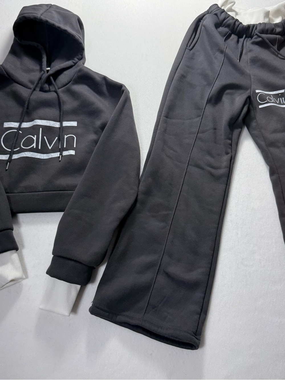 Calvin Klein Black Cropped Hoodie & Lounge Pants Set with White Accents